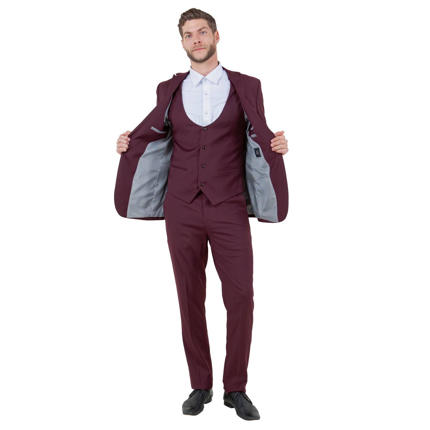 Burgundy Men's Ultra Slim-Fit 3pc Suit w/ Expandable Waistband