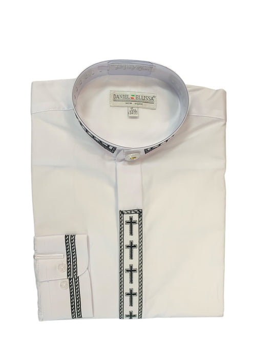 Men Banded Collar Shirt with Cross Design