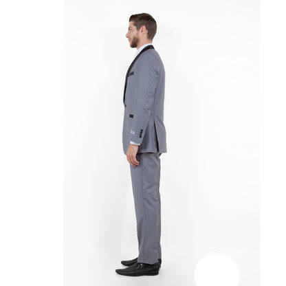 Gray / Black Solid with Black Shawl Collar Trim 2-PC Slim Fit Suits