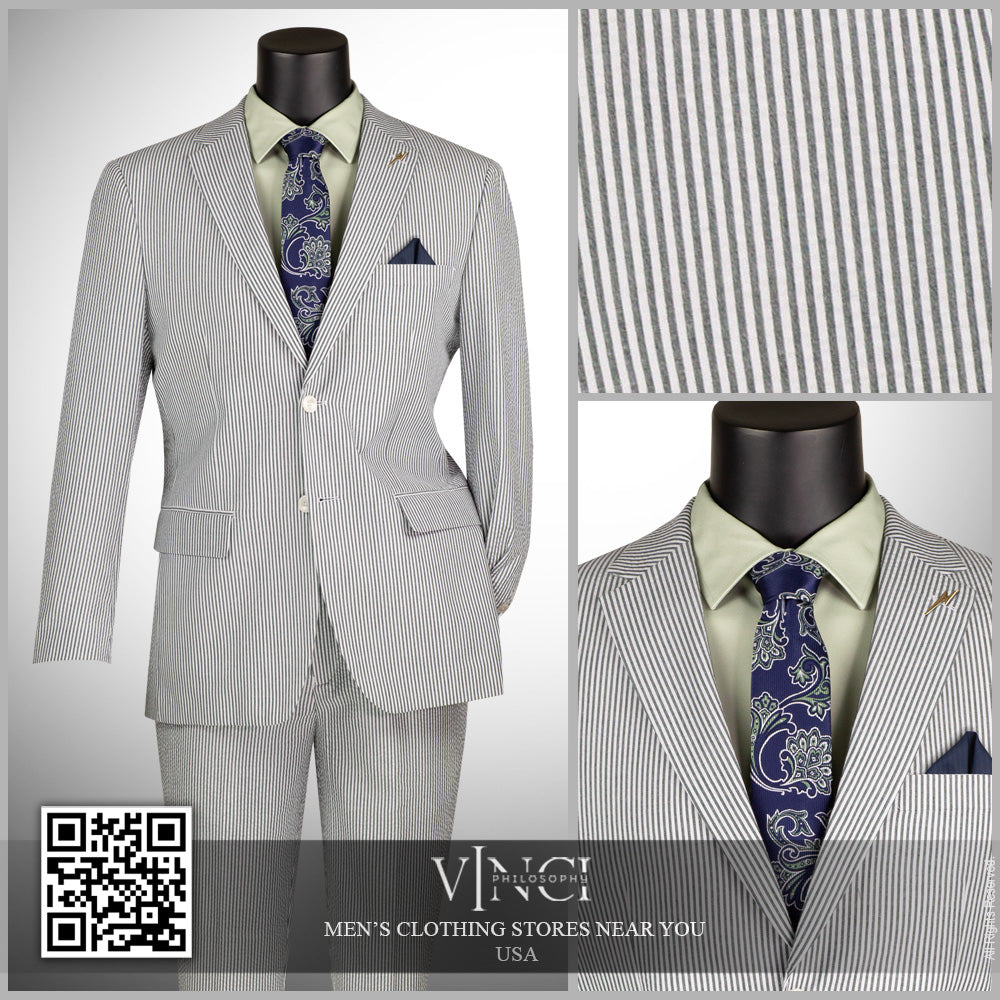 Seersucker 2pc Suit in Modern Fit Summer Vinci Suit with Flex waist FMSS1