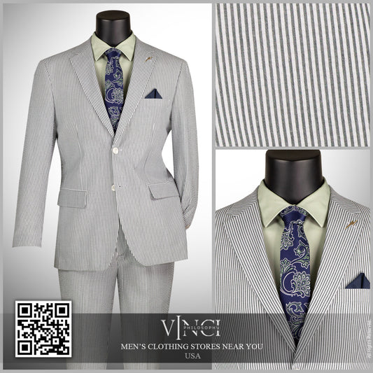 Seersucker 2pc Suit in Modern Fit Summer Vinci Suit with Flex waist FMSS1