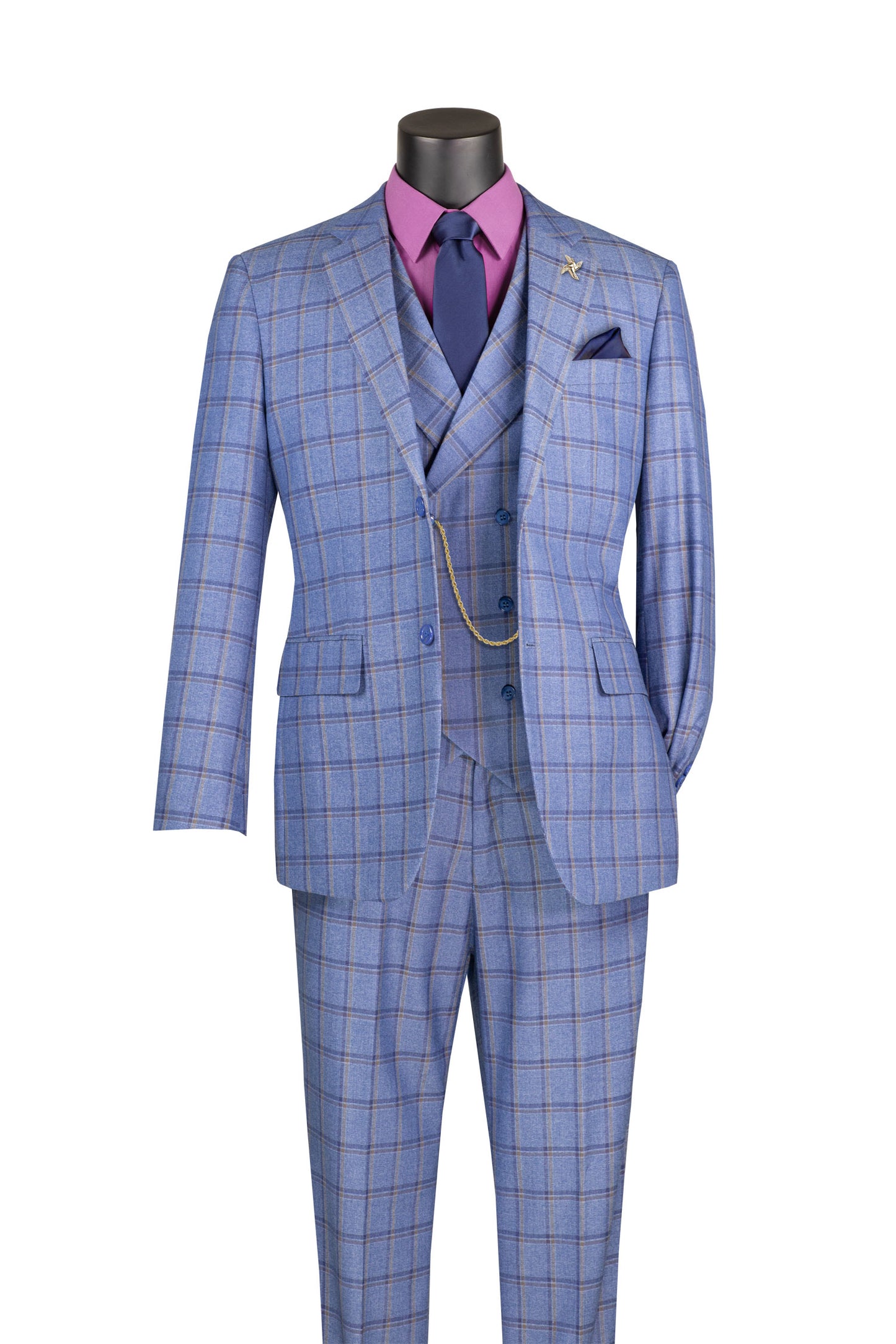 Vinci F-MV2W4 3Pc Plaid Check Suit with Vest Modern Fit